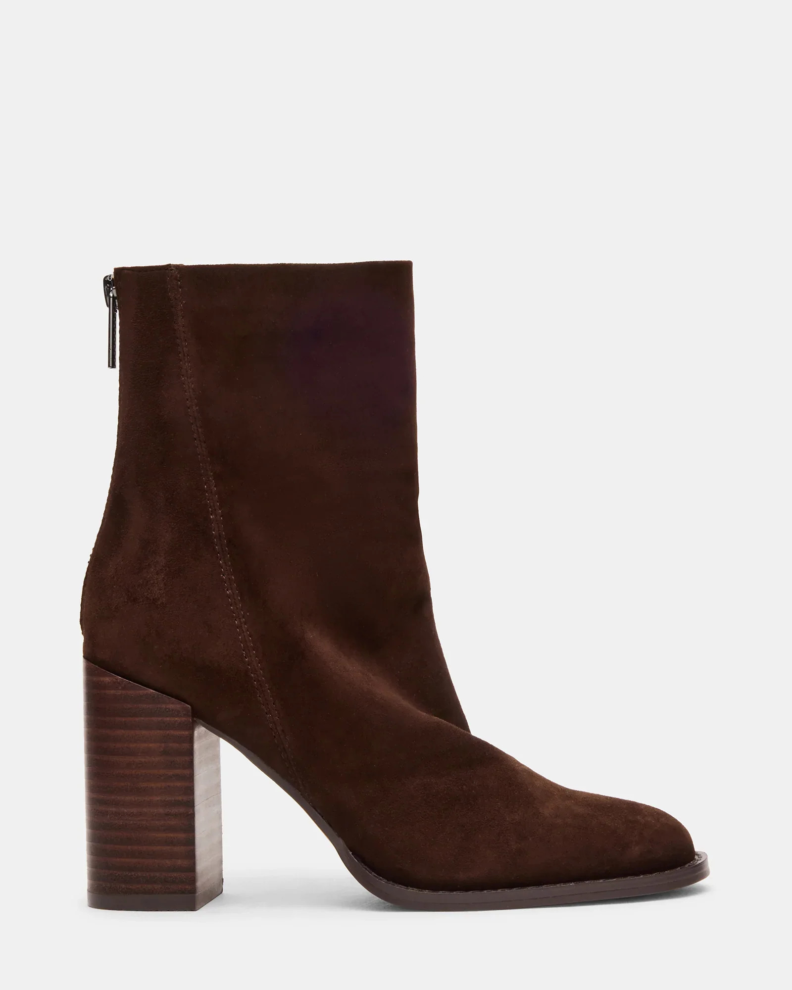 OBSESSION Brown Suede Zip-Up Block Heel Ankle Booties | Women's Designer Booties | Steve Madden (Canada)