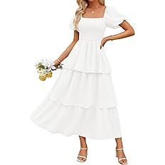 ZESICA Women's Summer Smocked Midi Dress 2026 Casual Puff Short Sleeve Flowy Tiered Boho Beach Va... | Amazon (US)