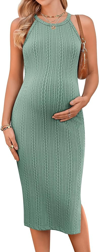Ekouaer Maternity Dress Rib Knit Side Slit Stretchy Bodycon Pregnancy Dresses Halter Neck Sleevel... | Amazon (US)