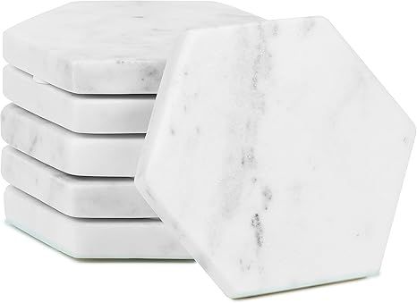 – Set of 6 Hexagon Marble Coasters | White Decor for Modern Homes | Drink Coasters for Coffee T... | Amazon (US)