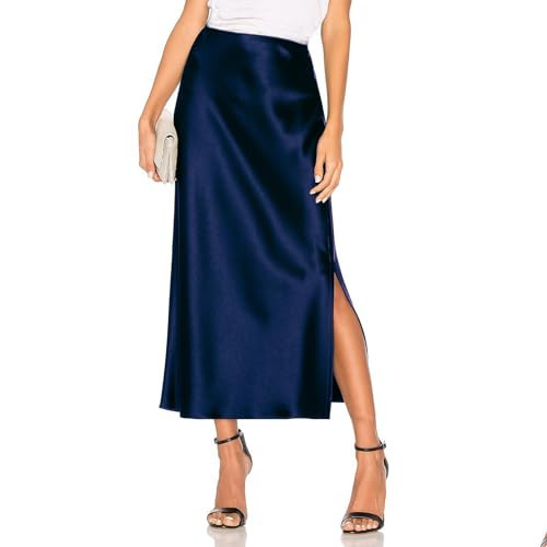 Women's Satin Midi Skirt Dressy Elastic High Waisted Silk Slip Flowy Ruffle Flared Cocktail Party Work A Line Skirts Navy Blue | Amazon (US)