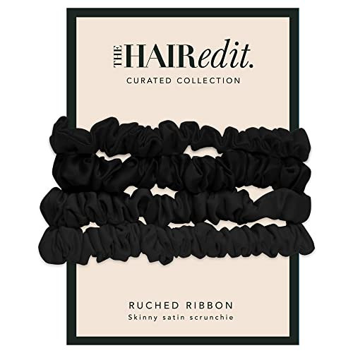 The Hair Edit Ruched Ribbon Satin Scrunchies Black | Amazon (US)