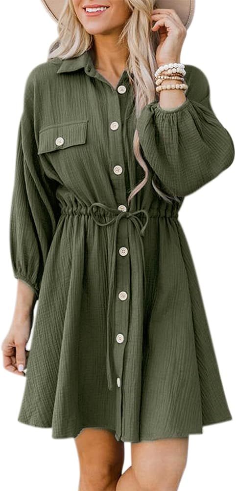 SHIBEVER Women's Long Sleeve Button Down Dress Turndown Collar Casual Tie Waist Mini Dresses | Amazon (US)