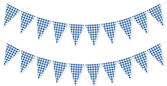 2 Pieces Blue Checkered Flags Banner, Double Sided Blue and White Gingham Bunting Garland for Sum... | Amazon (US)