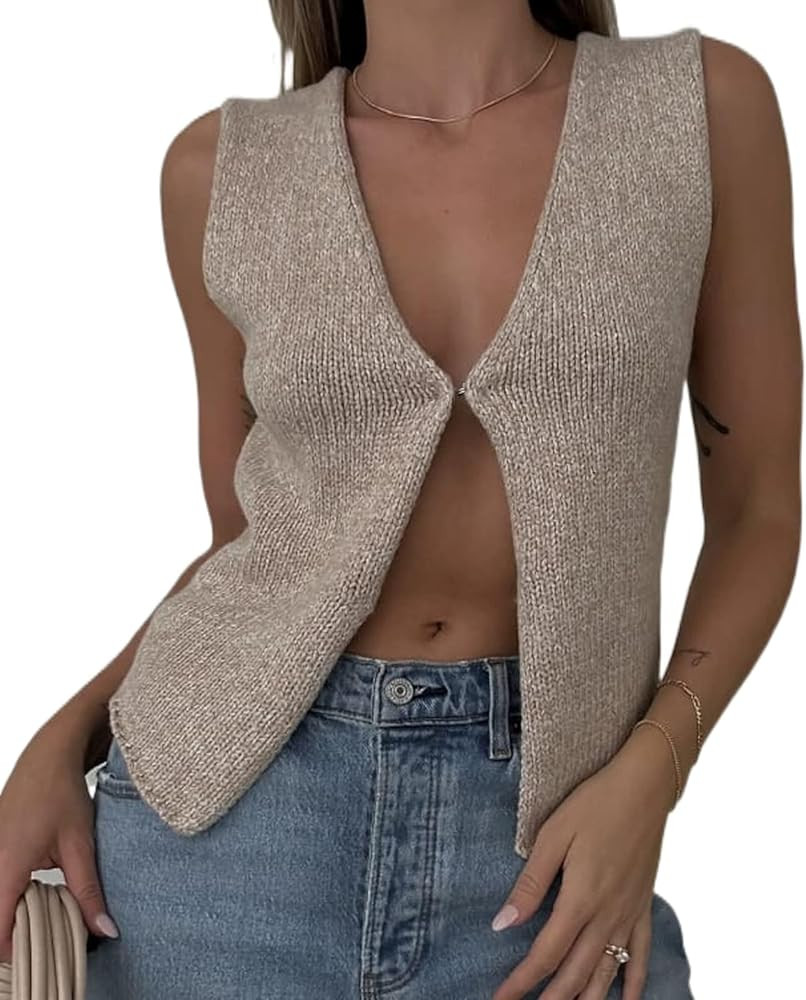Womens Vintage Knittd Tank Y2k Vest Crop Top Sleeveless V-Neck Open Front Button Crochet Knit Ves... | Amazon (US)