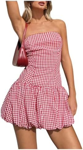 SweatyRocks Women's Plaid Strapless Bubble Dress Sleeveless Ruffle Mini Tube Dresses | Amazon (US)