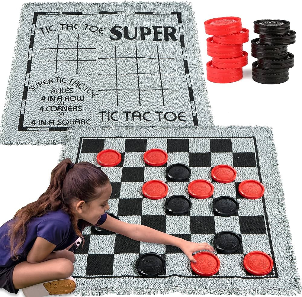 3-in-1 Vintage Giant Checkers and Tic Tac Toe Game with Reversible Mat, 24 Chips, Family Board Ga... | Amazon (US)