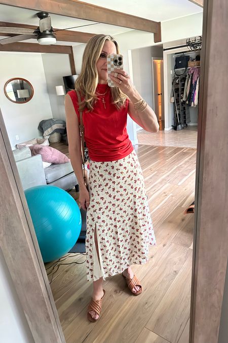 Sunday church outfit! Anthropologie red muscle tank, Sezane floral midi skirt. Wearing a 4. Summer dress, casual dress, summer outfit 

#LTKFindsUnder50 #LTKOver40 #LTKWorkwear