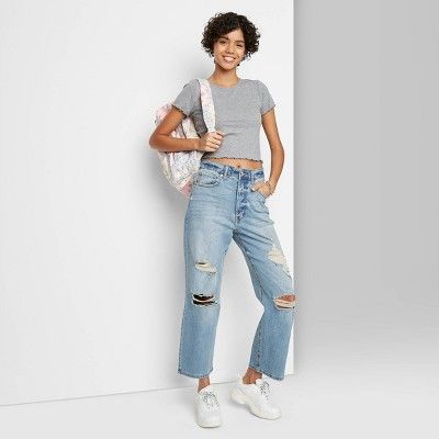 Women's Super-High Rise Distressed Straight Jeans - Wild Fable™ Medium Blue | Target