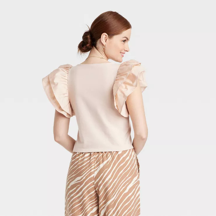 Women's Double Flutter Short Sleeve Slim Fit Top - A New Day™ | Target