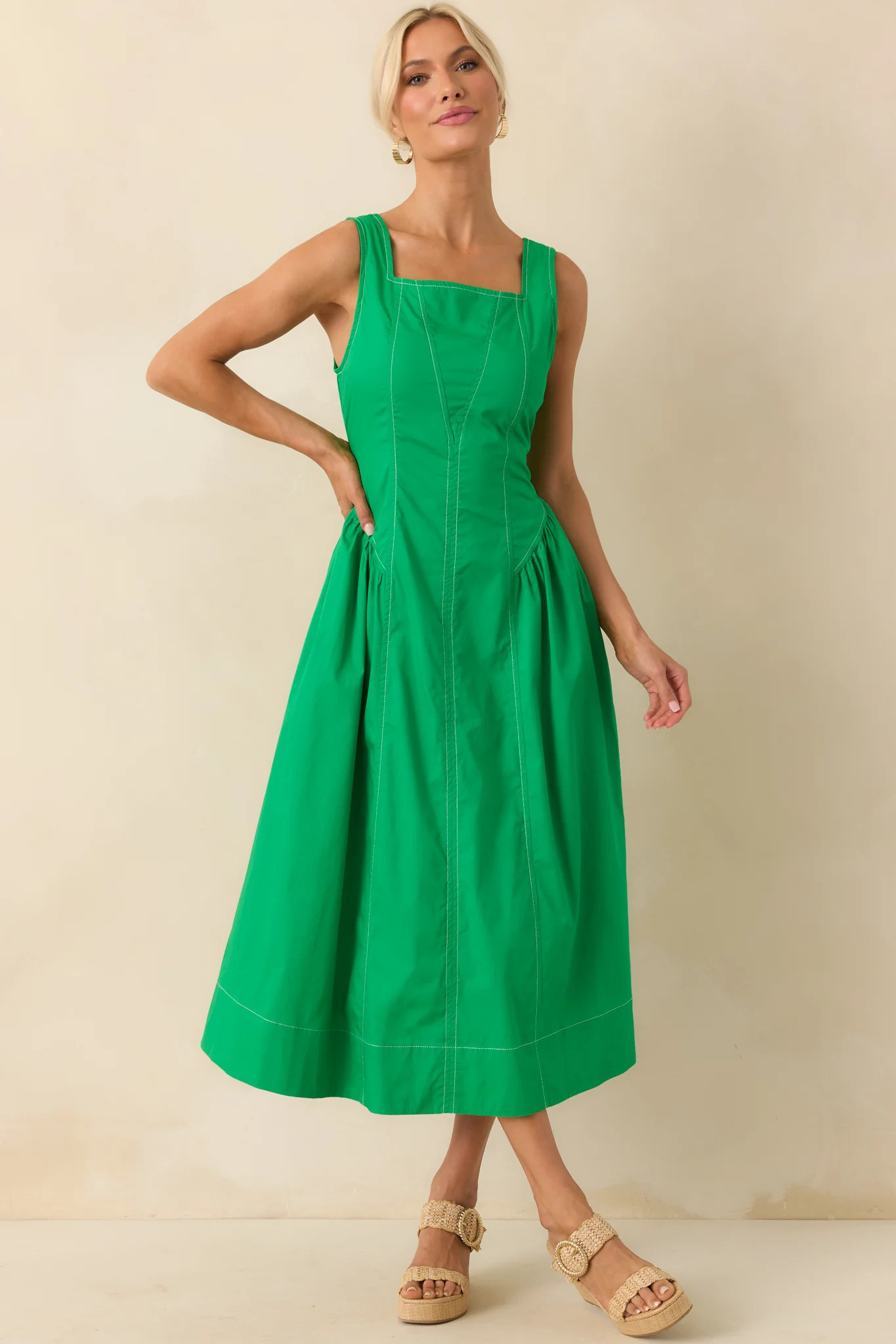 A Timeless Touch Kelly Green Cotton Sleeveless Midi Dress | Red Dress