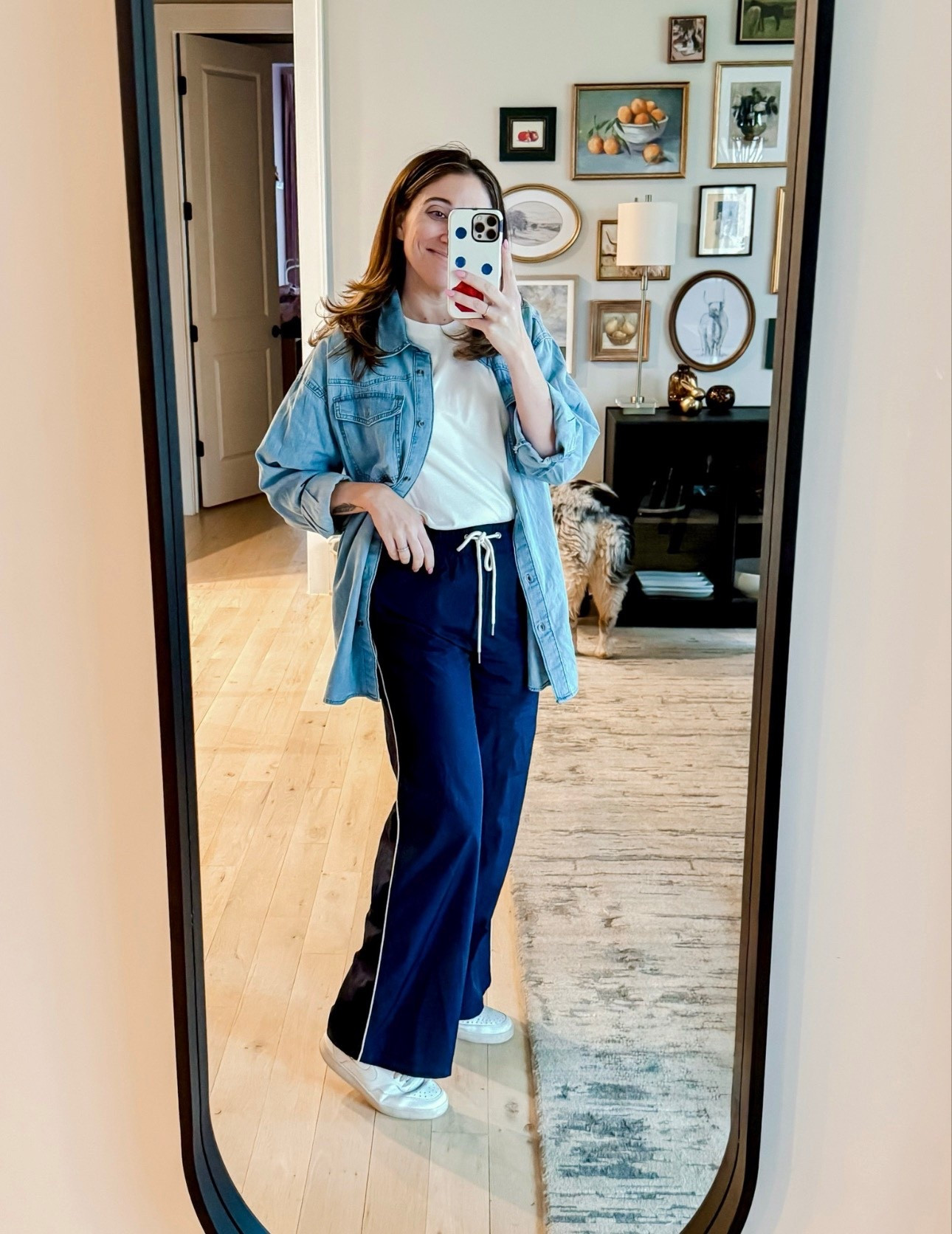 Comfy layered mom ootd! This spring weather is so up and down so layering is key. And a denim or chambray button down is my most used layering piece 
Top M / White tee M / Track pants M / Sneakers tts 

#LTKSeasonal #LTKgrwm #LTKMidsize