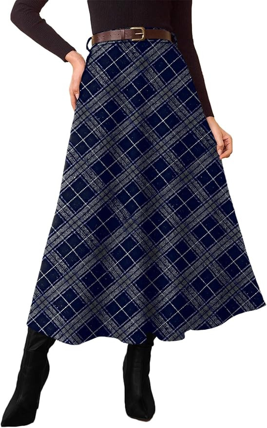Pink Queen Plaid Skirts for Women 2026 Flared Vintage High Waist A Line Midi Tartan Skirts with P... | Amazon (US)