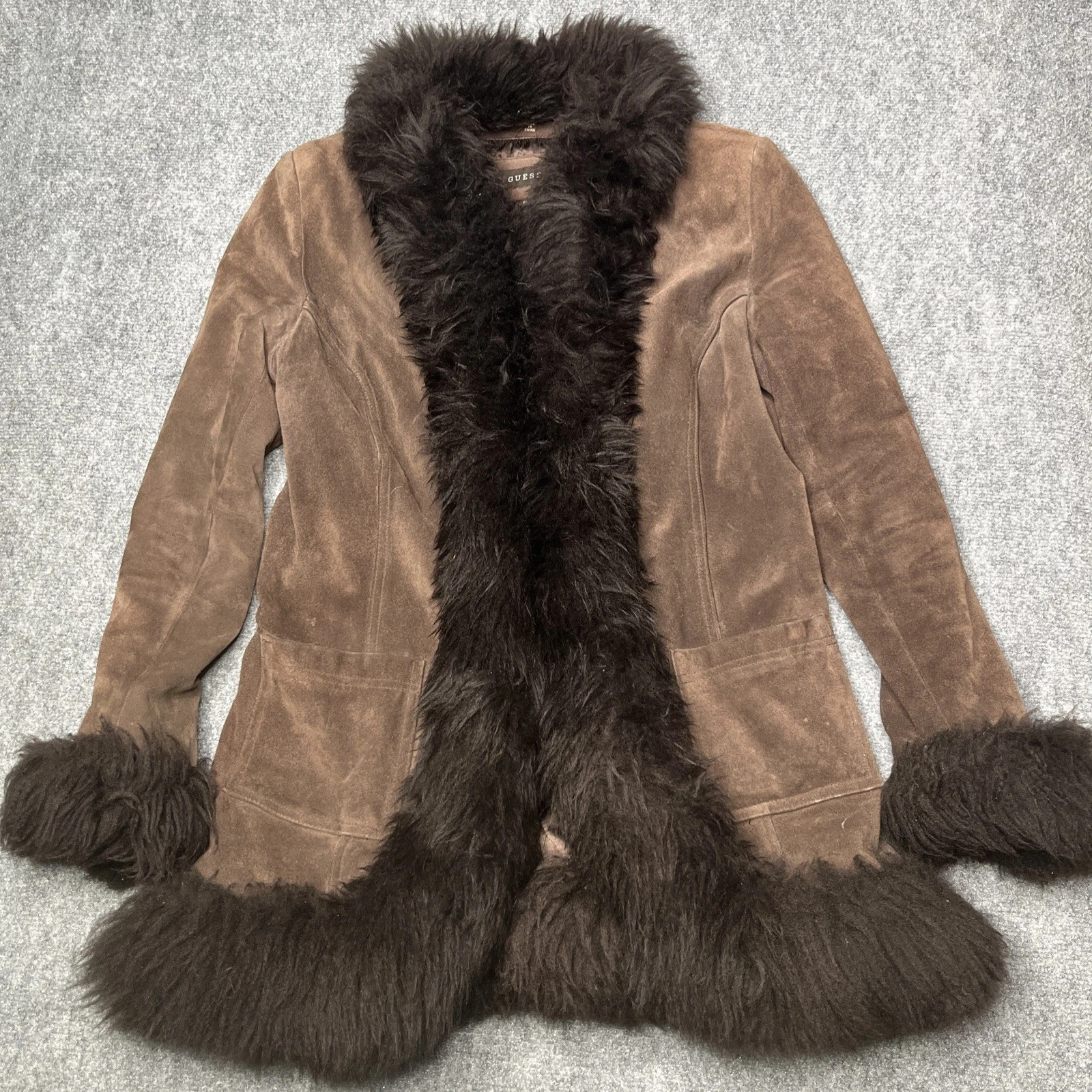 Vtg Guess Leather Lamb Fur Trimmed Coat Sz M Quilted Brown Boho Aviator 90s Hook | eBay US