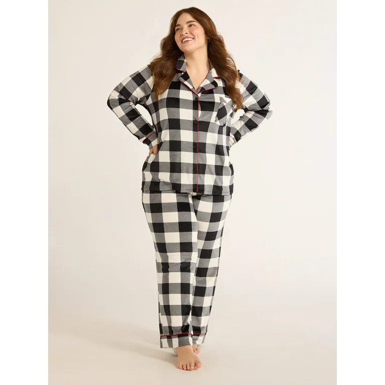 Joyspun Women's Velour Notch Collar Top and Pants Pajama Set, 2-Piece, Sizes S-3X | Walmart (US)