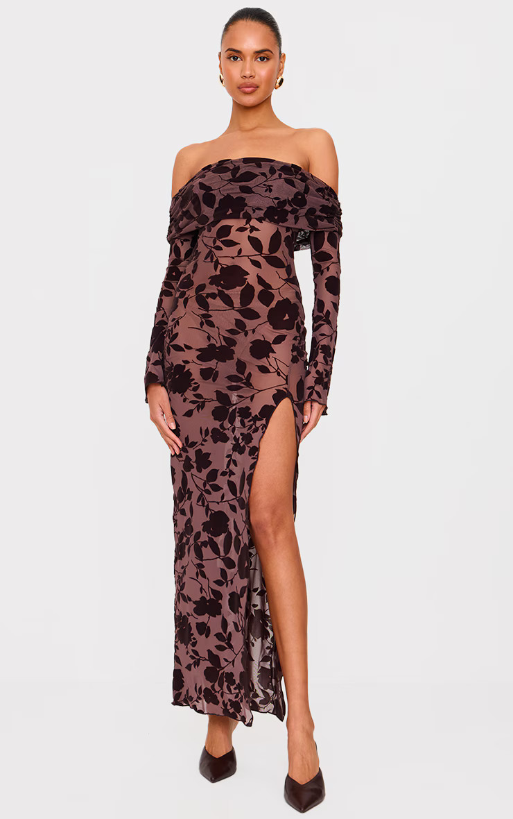 Chocolate Devore Bardot Long Sleeve Maxi Dress | PrettyLittleThing US