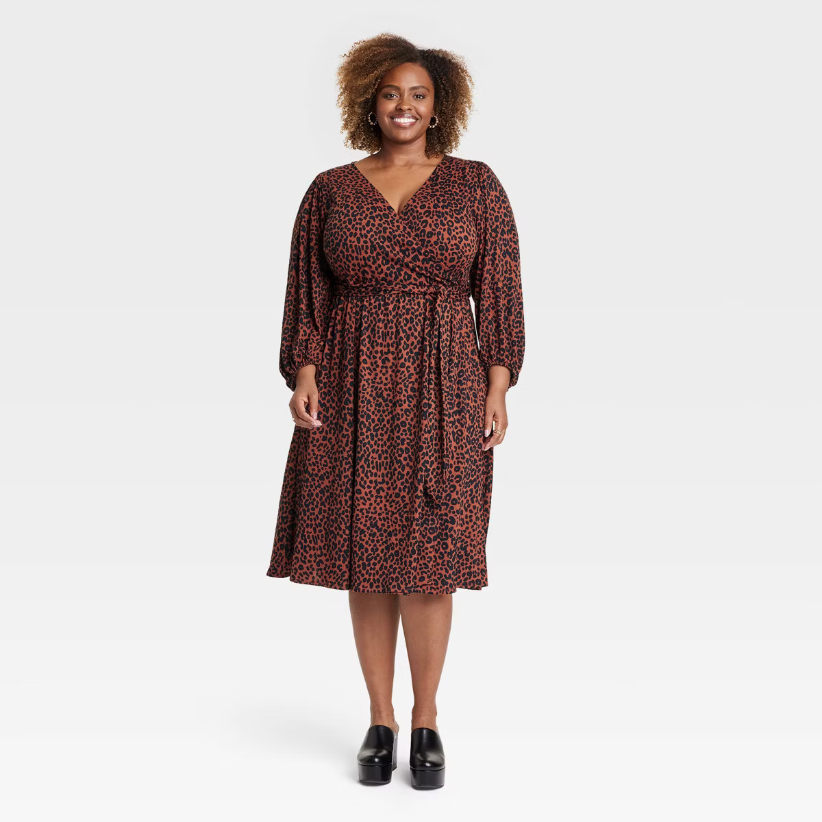 Women's Balloon Long Sleeve Knit V-Neck Faux Wrap Midi Dress - Ava & Viv™ | Target