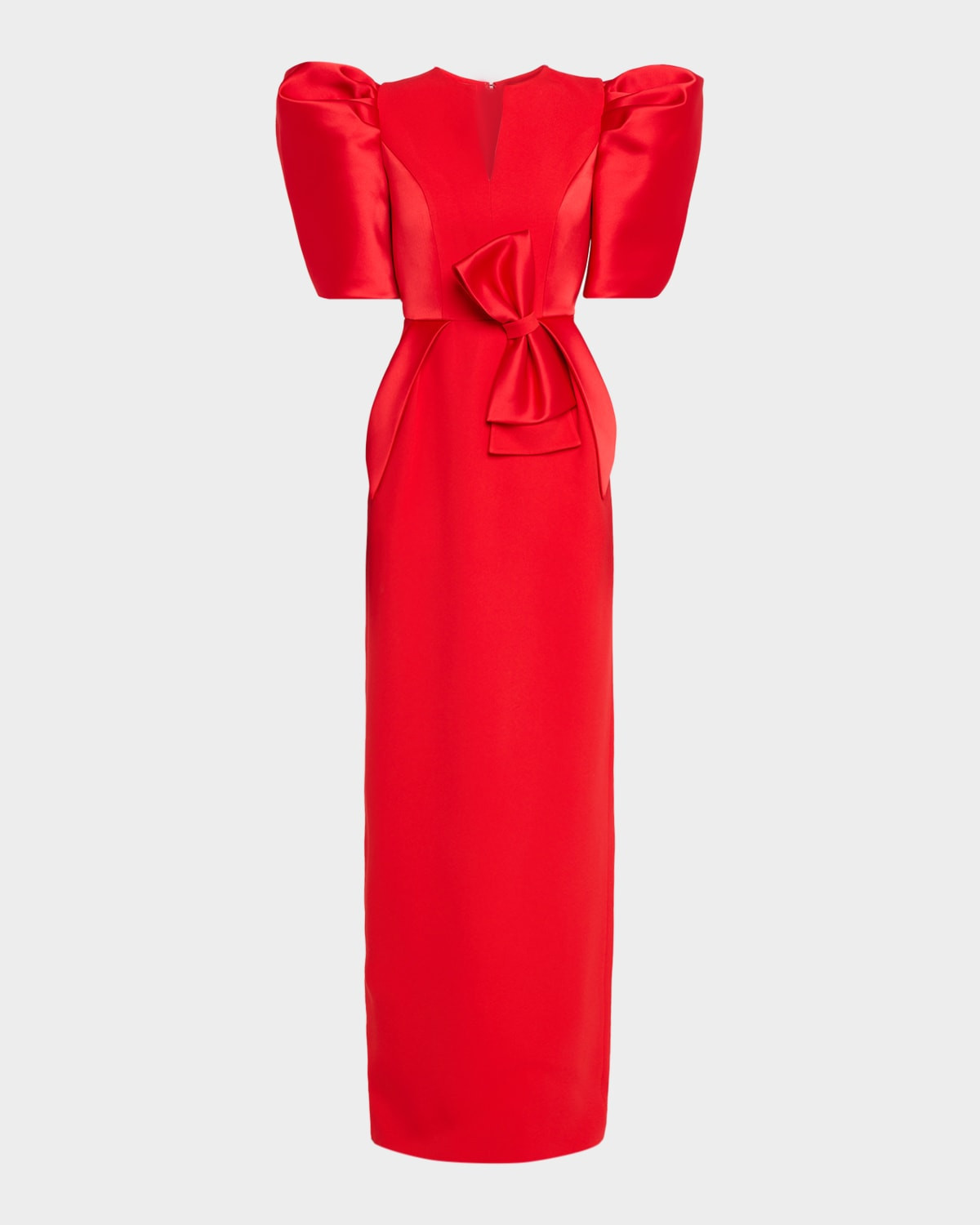 Puff-Sleeve Satin Bow Column Gown | Neiman Marcus