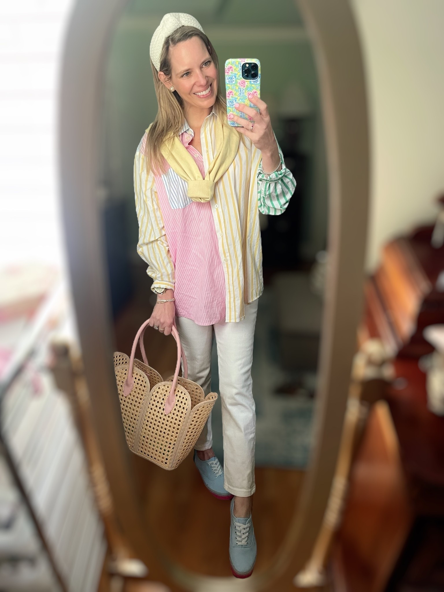 Use code ASHLEYBA for 10% off my Melinda Maria jewelry!
Bright, cheerful, and a little bit preppy—this look is all about fun layers and happy color! I’m wearing a colorblock striped button-down that mixes pink, yellow, green, and blue for the perfect spring palette. I styled it with cream high-rise pants and tied a soft yellow sweater over my shoulders for that classic layered look.

These colorblock oxfords (light blue with a pop of pink on the sole!) add such a fun twist, and I carried my favorite woven tote with blush pink handles to complete the outfit. Of course, I added my go-to sparkle with Melinda Maria jewelry—don’t forget to use code ASHLEYBA for 10% off!

Style Breakdown:
	•	Top: Colorblock striped button-down shirt (TTS, oversized fit)
	•	Pants: Cream high-rise straight-leg denim
	•	Sweater: Soft pastel yellow, tied over the shoulders
	•	Shoes: Colorblock oxfords – pale blue with pink sole
	•	Bag: Woven cane tote with blush pink handles
	•	Accessories:
	•	Lele Sadoughi white eyelet headband
	•	Pearl studs
	•	Melinda Maria bracelets (ASHLEYBA for 10% off)
	•	Floral print phone case

Perfect for: casual spring outings, travel days, or just brightening up your everyday look
#SpringStyle #ColorblockShirt #PreppyLayers #MelindaMaria #CodeASHLEYBA #LeleSadoughi #LTKJewelry #PastelStyle #ColorfulOutfit #LTKSpring #WovenBag #StatementShoes #ClassicPrep


#LTKOver40 #LTKFindsUnder50 #LTKFindsUnder100
