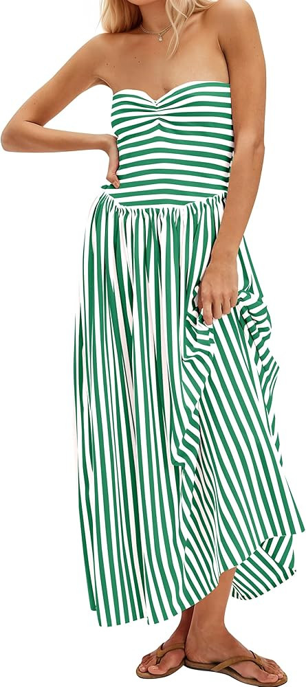 Women Striped Strapless Flowy Maxi Dress Backless Patchwork Tube Top Dress Summer Party Formal Lo... | Amazon (US)