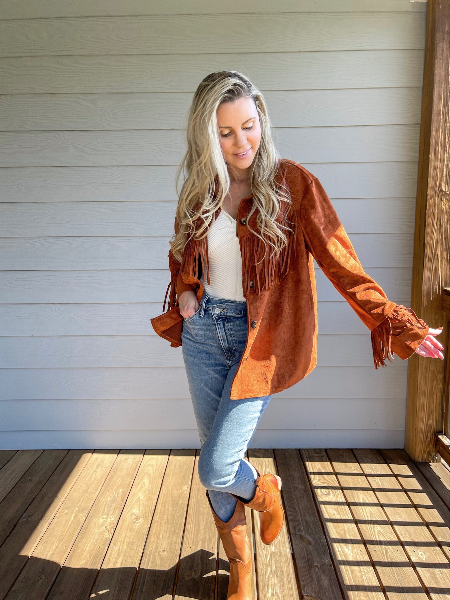 Faux suede fringe western jacket, Shacket, Abercrombie & Fitch jeans, bodysuit, Shein 

#LTKunder50 #LTKSeasonal #LTKstyletip