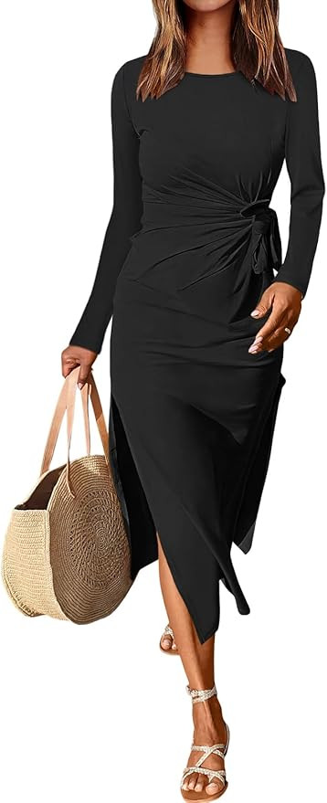 ANRABESS Womens 2026 Spring Long Sleeve Maxi Dress Crewneck Tie Waist Slit Casual Long T Shirt Dr... | Amazon (US)