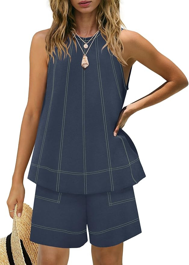 Panadila Womens Summer 2 Piece Sets Beach Vacation Outfits High Neck Tank Top and Shorts Set Reso... | Amazon (US)