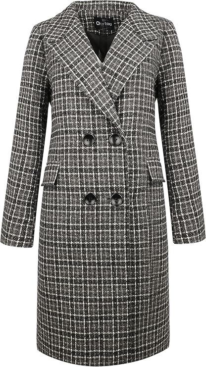 CHARTOU Women's Winter Oversize Lapel Collar Woolen Plaid Double Breasted Long Peacoat Jacket | Amazon (US)
