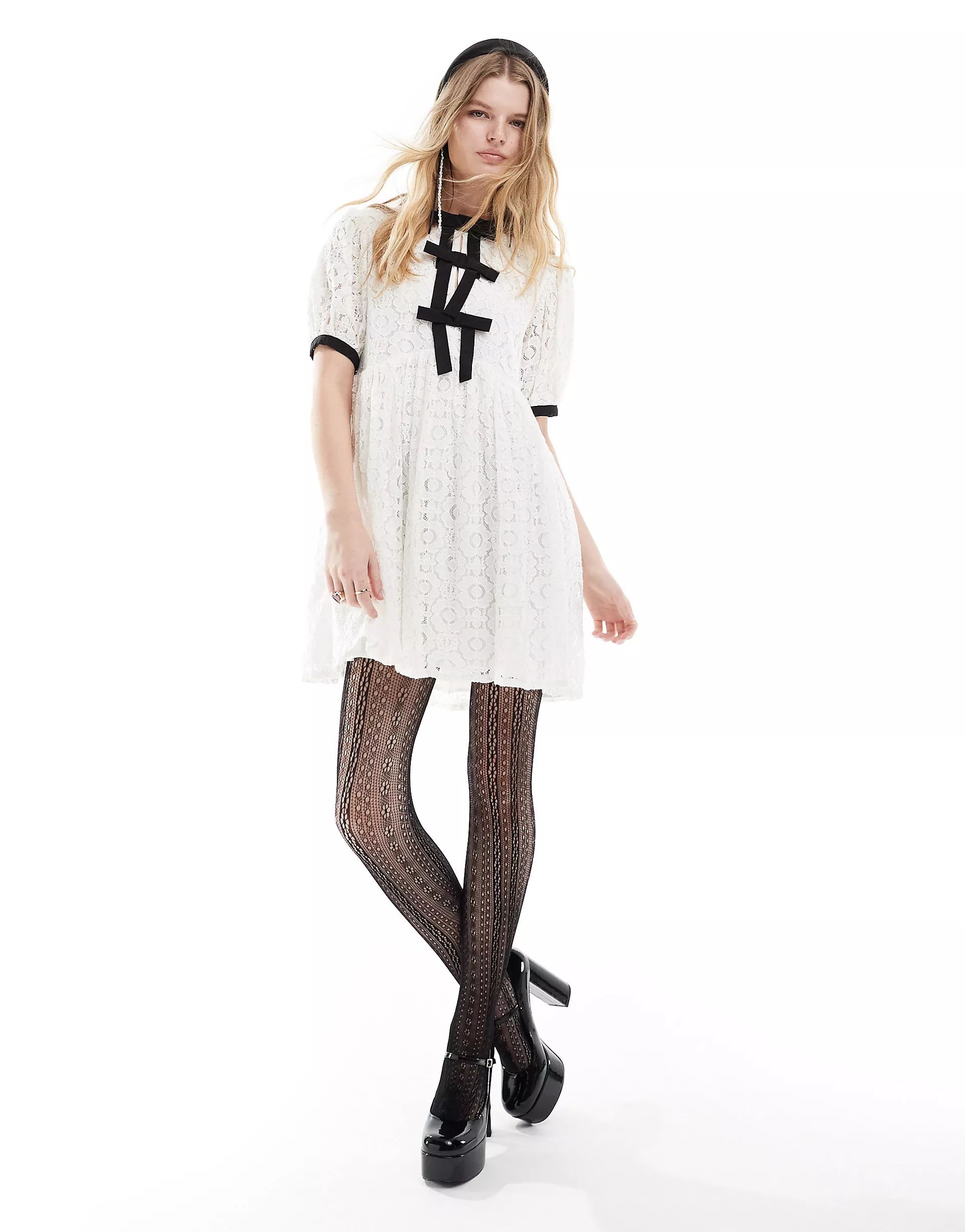 Sister Jane contrast bow lace mini dress in porcelain | ASOS (Global)