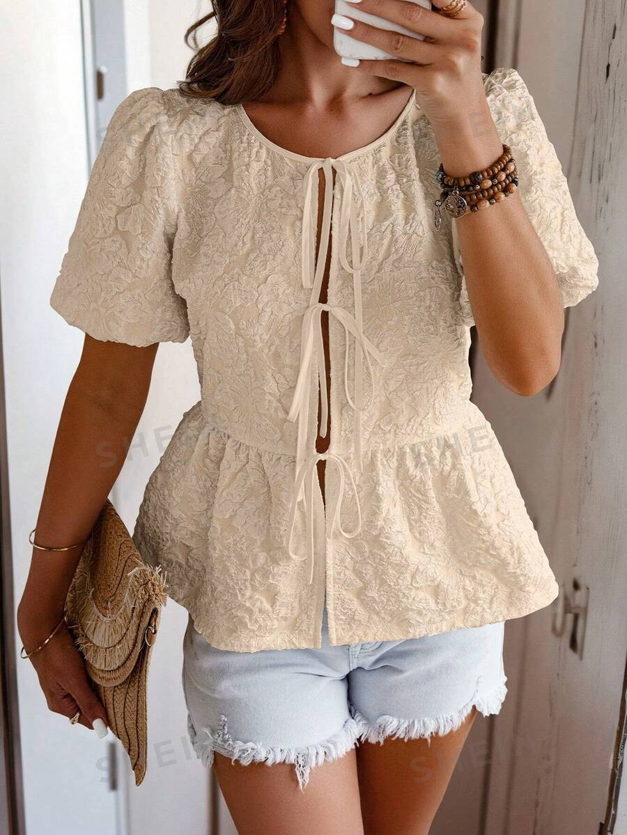 SHEIN VCAY Women Plain Minimalist Daily Tie Front Short Sleeve Blouse | SHEIN