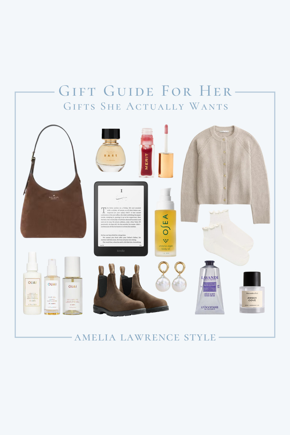 Gift guide for her. Gifts the woman in your life actually wants. Christmas gifts, leather bag, Kate Spade, Kindle, socks, boots, winter boots, fall boots, beauty products, lip gloss, body oil, conditioner,  sweater, cardigan, fall cardigan, winter cardigan, perfume, gift guide, Christmas, Happy holidays, holiday season.  

 #LTKGiftGuide #LTKHoliday #LTKSeasonal