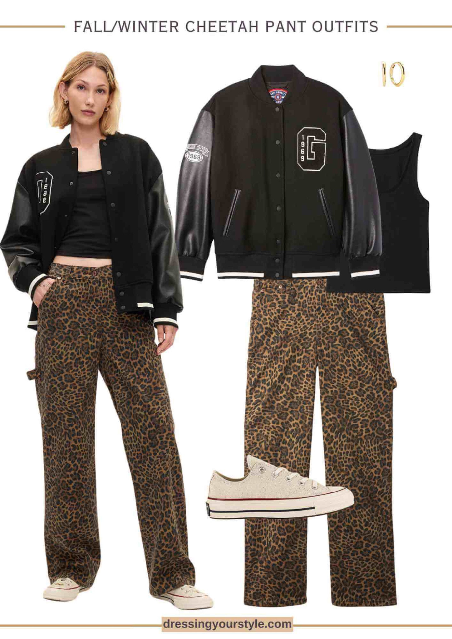 Leopard print pants outfit for fall with black varsity jacket and beige converse sneakers  

#LTKSeasonal #LTKOver40