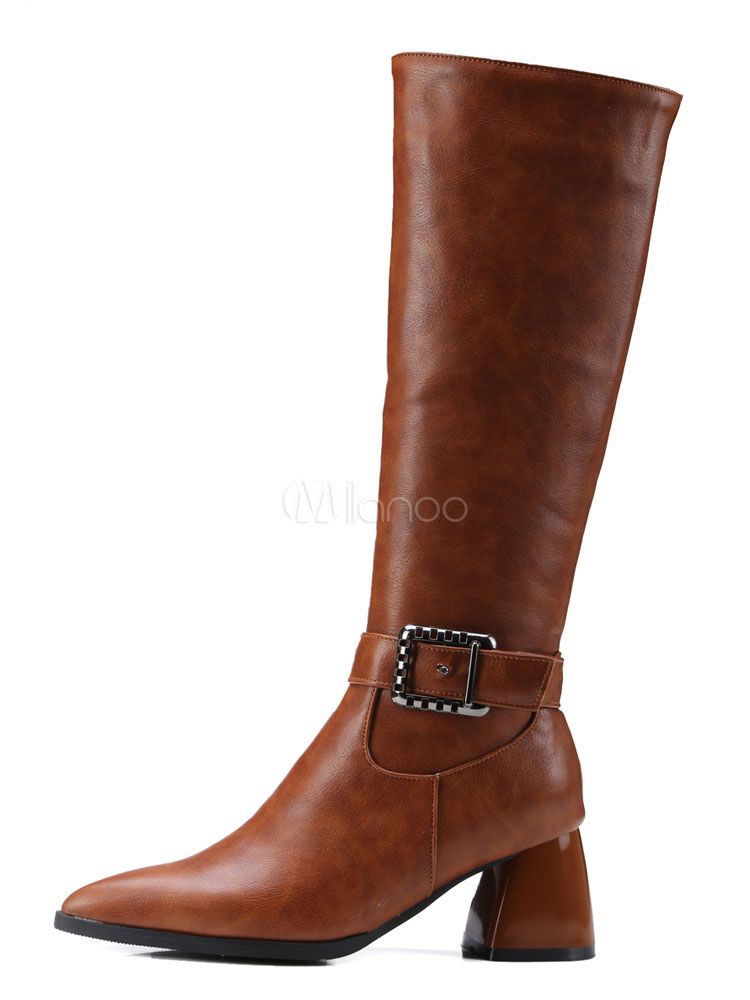 Brown Knee High Boots Pointed Toe Buckle Detail Boots Women Shoes | Milanoo