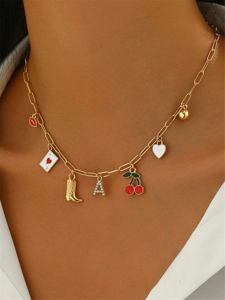 1pc Initial Letter Charm Gold Chain Necklace For Women, Beach Cherry Heart Fruit Charms Pendant, ... | SHEIN