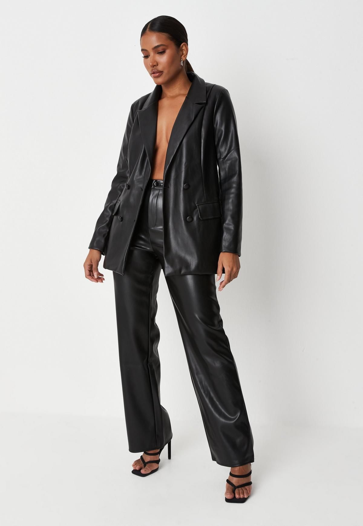 Missguided - Petite Black Soft Faux Leather Oversized Blazer | Missguided (US & CA)