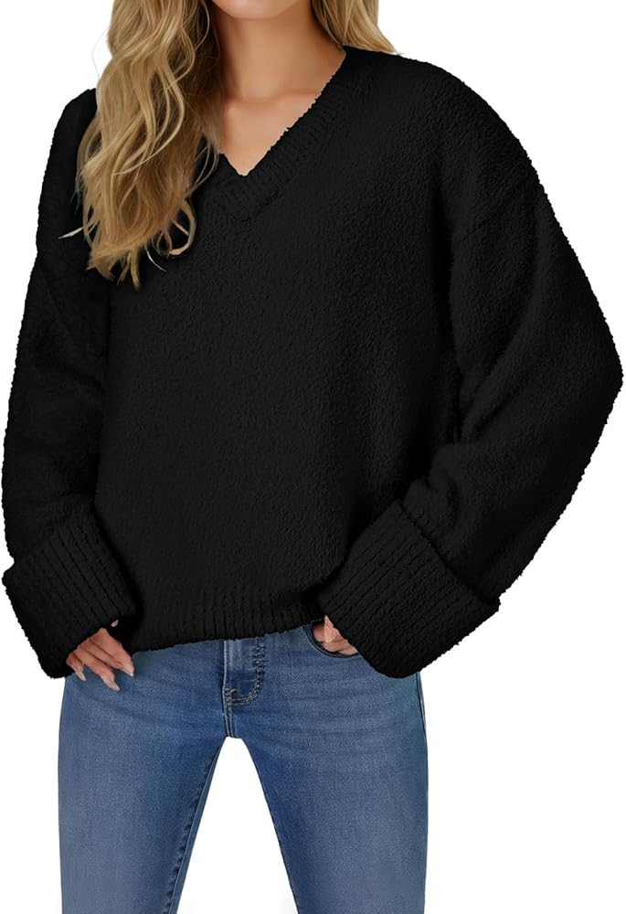 Vrtige Women's Oversized Sweater Fuzzy Chunky Knit V Neck Long Sleeve Warm Pullover Sweater | Amazon (US)
