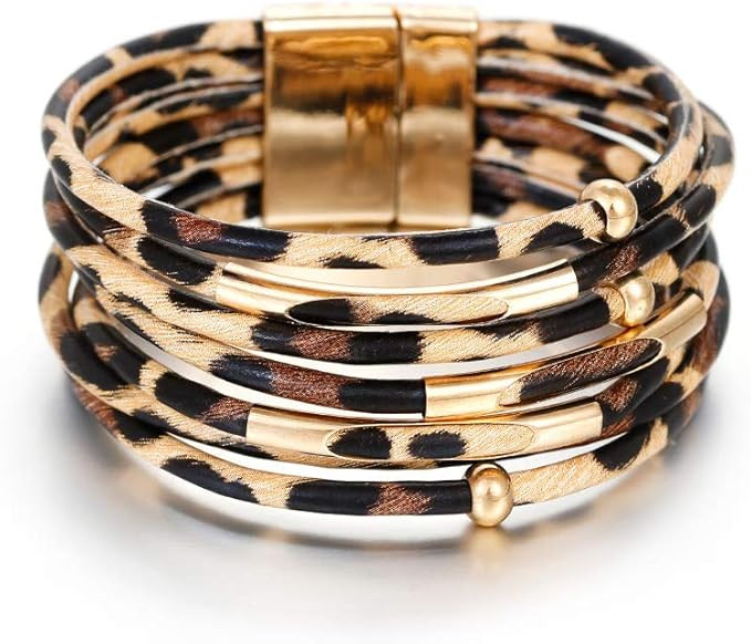 Fesciory Leopard Bracelet for Women Wrap Multi-Layer Leather Bracelet Magnetic Clasp Cuff Bangle ... | Amazon (US)