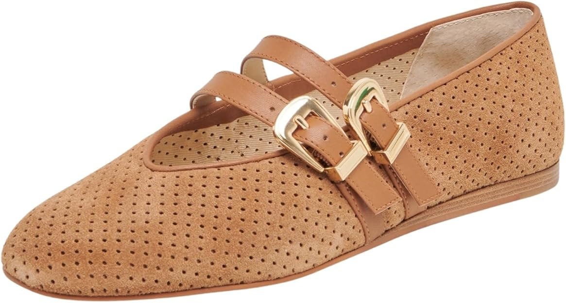 UBWDU Suede Mary Jane Flats for Women Perforated Round Toe Ballet Flats Comfortable Ballerina Sho... | Amazon (US)