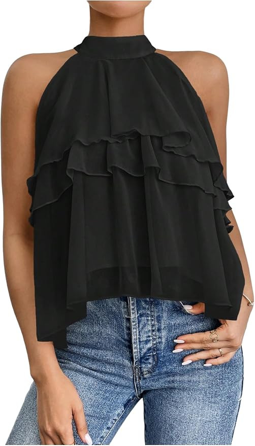 Floerns Women's Ruffle Hem Layered Blouse Top Halter Sleeveless Elegant Shirts | Amazon (US)