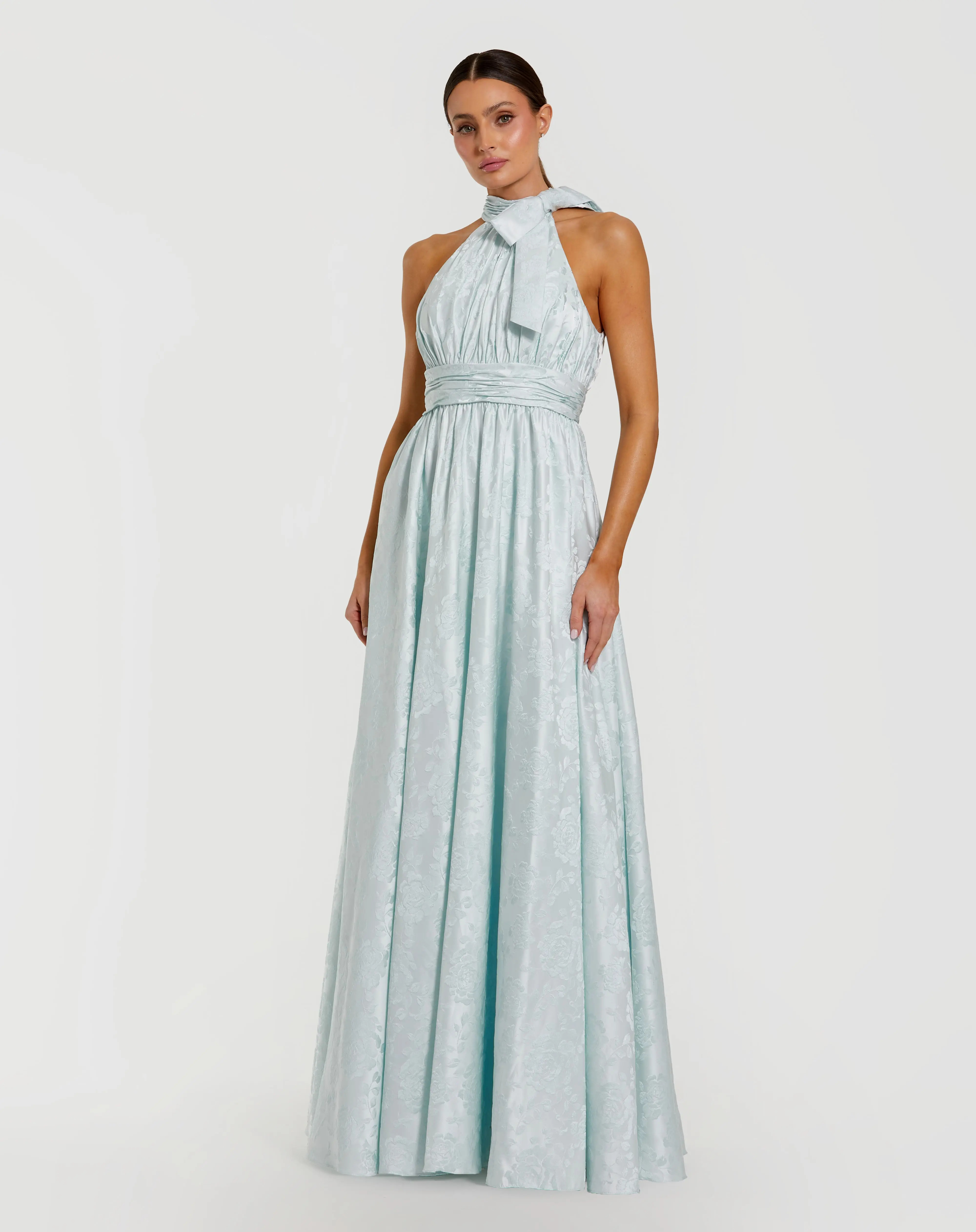 Blue Sleeveless Halter Neck Brocade Gown With Bow Detail | Mac Duggal | Mac Duggal