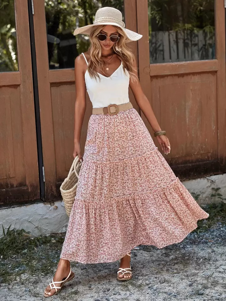 SHEIN VCAY Ditsy Floral Print Ruffle Hem Skirt | SHEIN