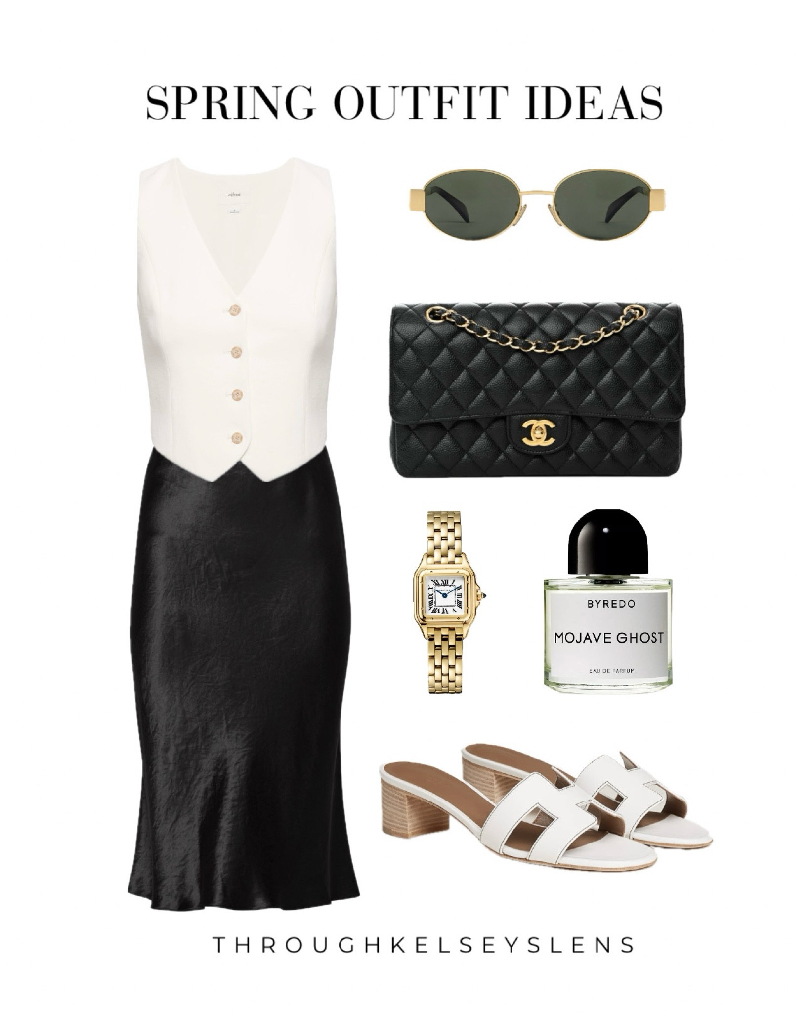 White vest and black slip skirt outfit 
- Aritzia Pacino vest in light birch
- Black midi slip skirt
- Celine triomphe metal sunglasses
- Chanel medium classic flap in black caviar
- Cartier Panthere watch
- Byredo Mojave Ghost perfume
- Hermes white Oasis sandals

#LTKstyletip #LTKtravel #LTKshoecrush