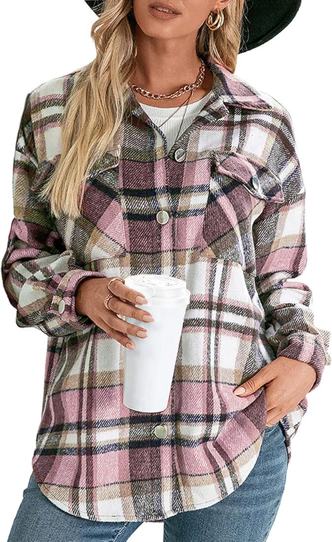 KIRUNDO Women's 2024 Fall Winter Flannel Plaid Shirts Jacket Casual Long Sleeve Boyfriend Button ... | Amazon (US)