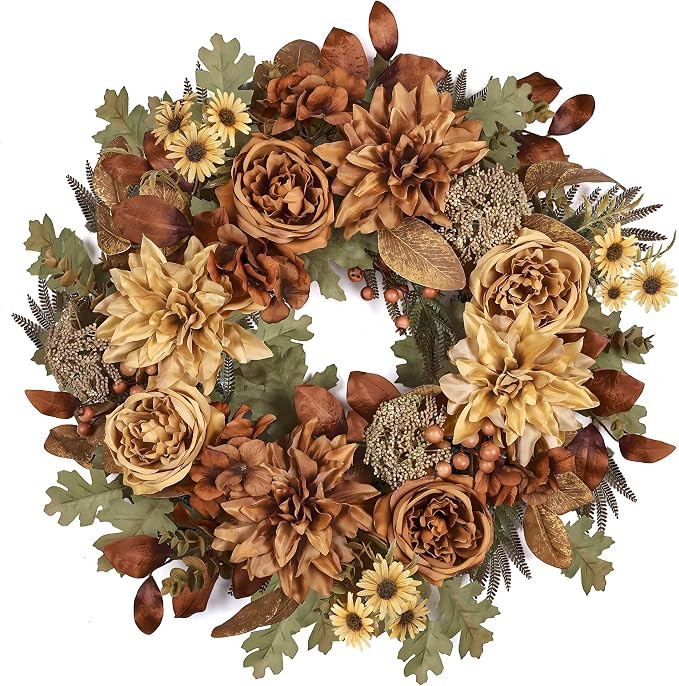 24in Fall Wreaths for Front Door Artificial Autumn Wreath | Dahlia & Rose with Berries Greenery F... | Amazon (US)