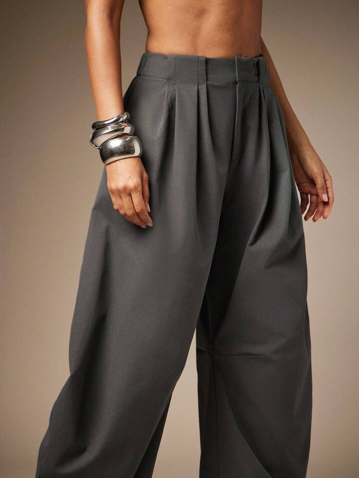 Hauture Basic Summer Casual Solid Charcoal Pleated Oversized Barrel Pants | SHEIN