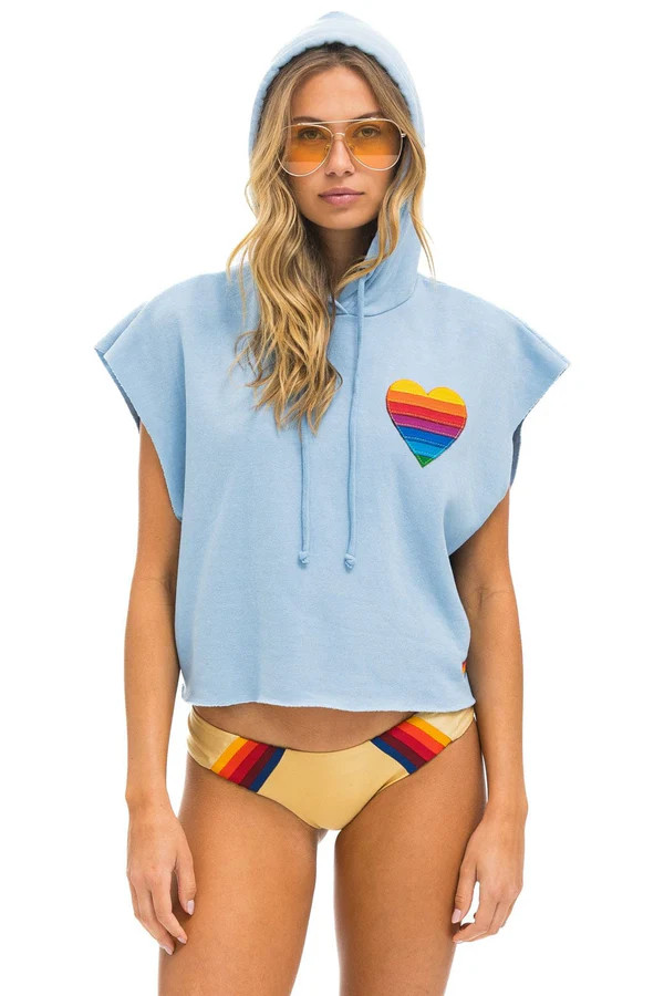 RAINBOW HEART STITCH SLEEVELESS RELAXED CROPPED PULLOVER HOODIE - ICE | Aviator Nation