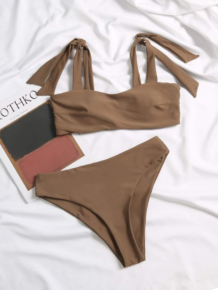 Tie Shoulder High Waisted Bikini Swimsuit | SHEIN