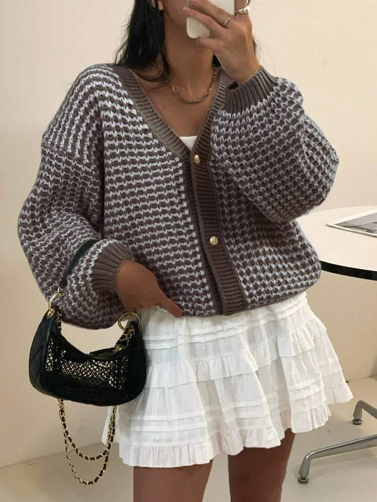 INAWLY Women's Casual Loose Drop Shoulder Cardigan, Striped Pattern, Autumn/Winter | SHEIN