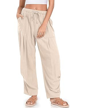 TARSE Women Linen Baggy Harem Pants Summer Drawstring Casual Lounge Pant 2024 Beach Travel Vacati... | Amazon (US)
