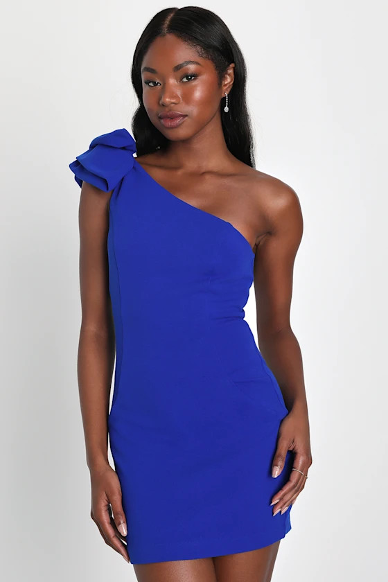 Unstoppable Stunner Royal Blue Ruffled One-Shoulder Mini Dress | Lulus